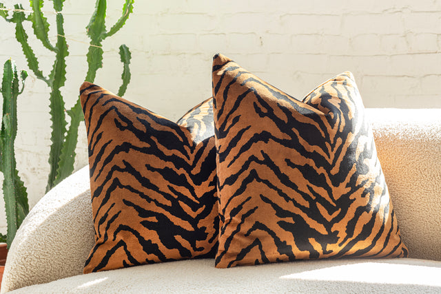 Pair of Belgium Velvet Tiger Pillows by Nicholas Wolfe